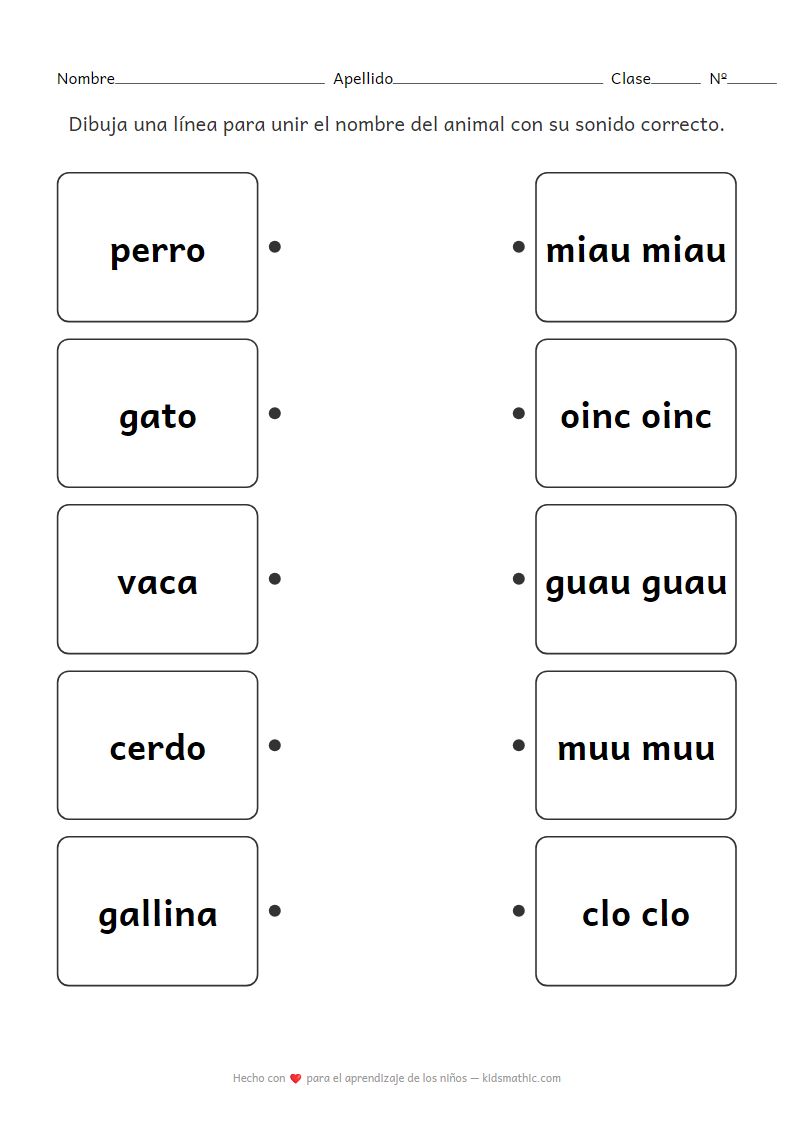 Hoja de trabajo de emparejamiento de animales y sonidos para preescolares