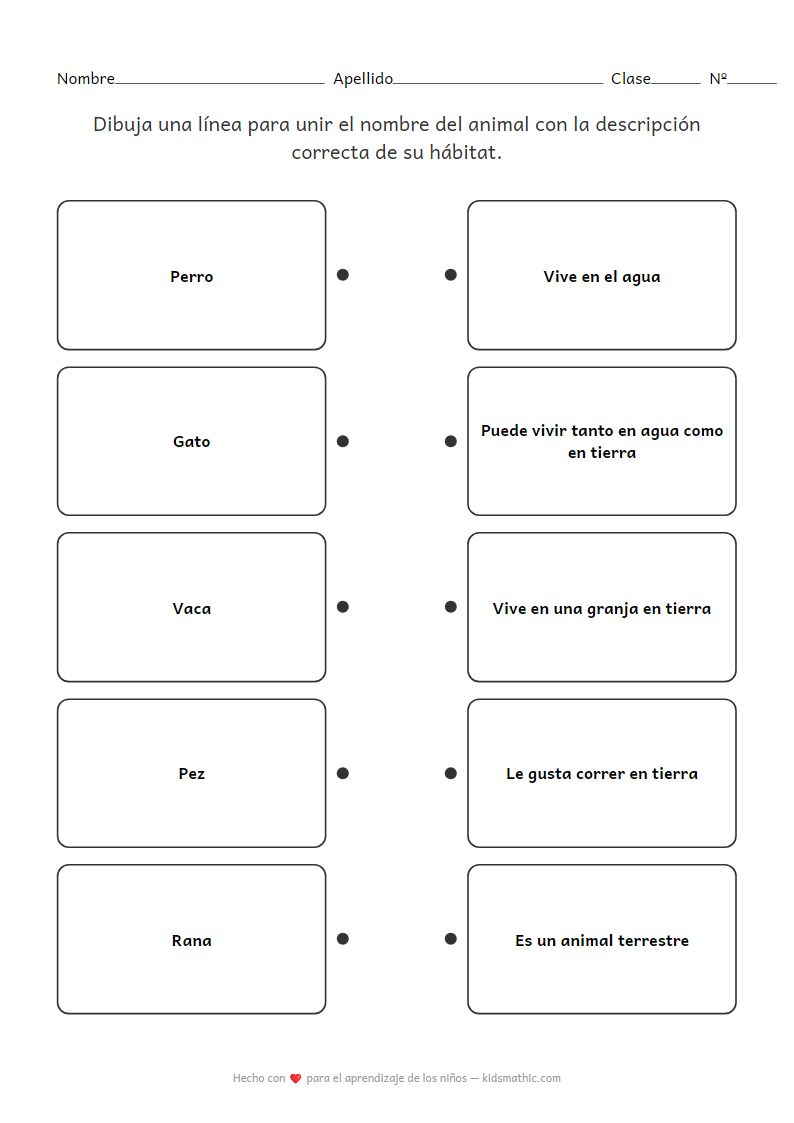 Hoja de trabajo de emparejamiento de animales y hábitats para preescolar