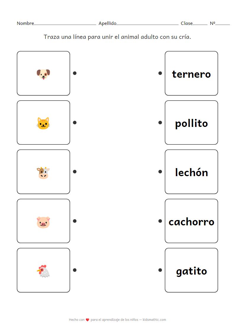 Ficha de trabajo para unir animales adultos y sus crías para preescolares