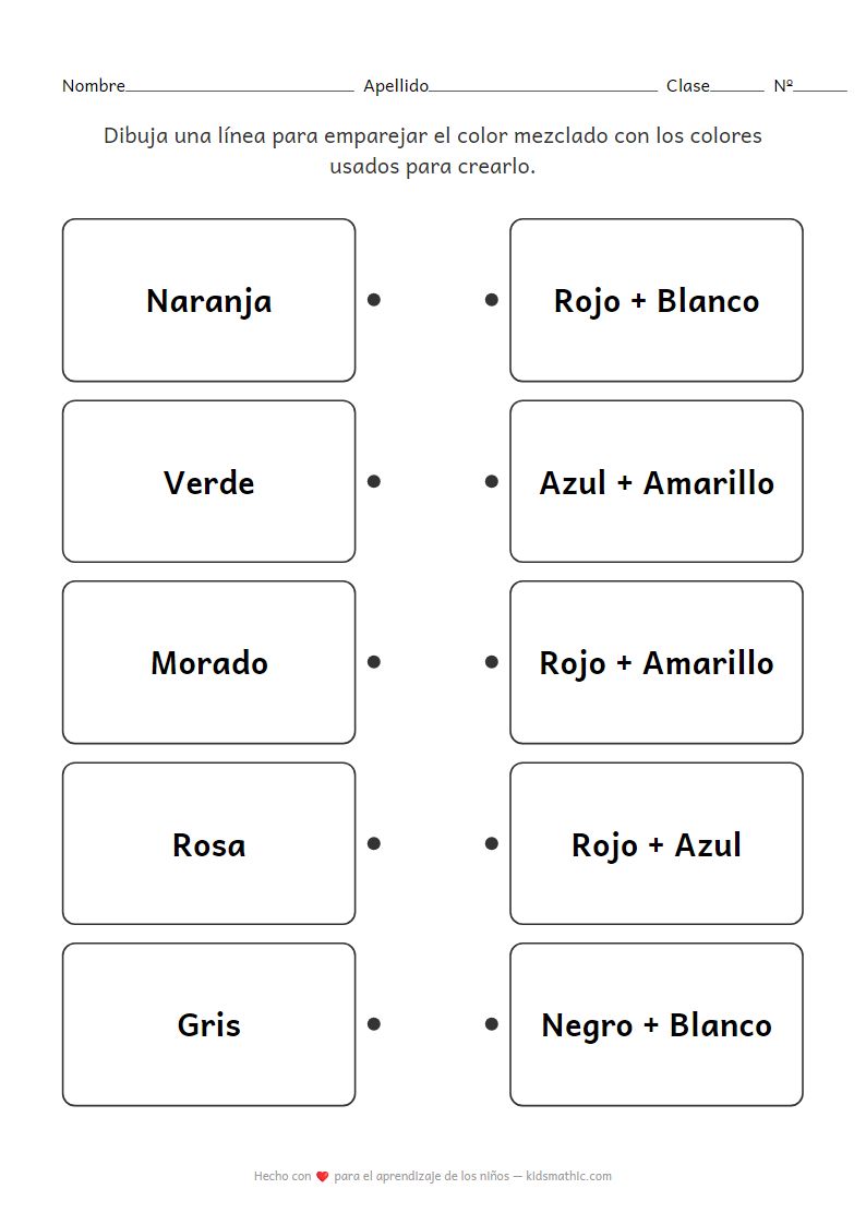 Hoja de trabajo de emparejamiento de mezcla de colores para preescolares