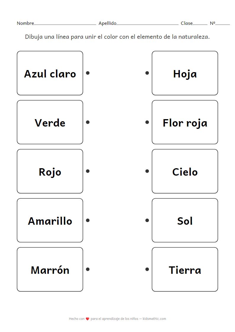 Hoja de trabajo de emparejamiento de colores y naturaleza para preescolares