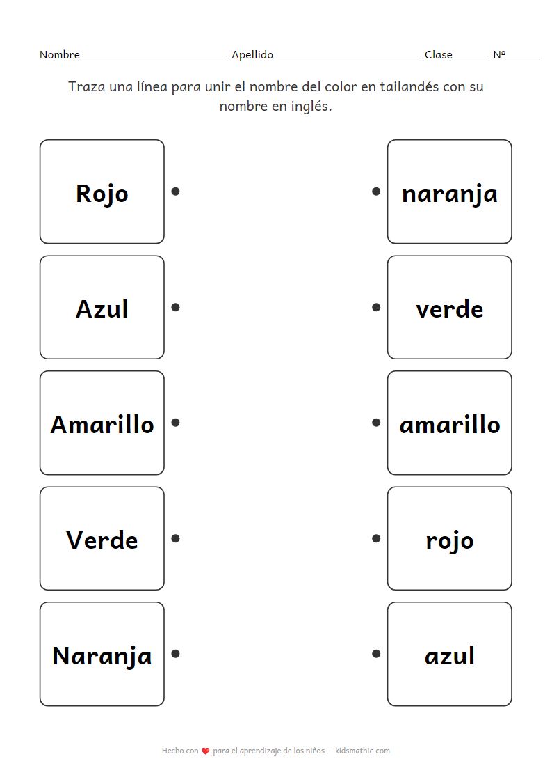 Hoja de trabajo de emparejamiento de nombres de colores tailandés-inglés para preescolares