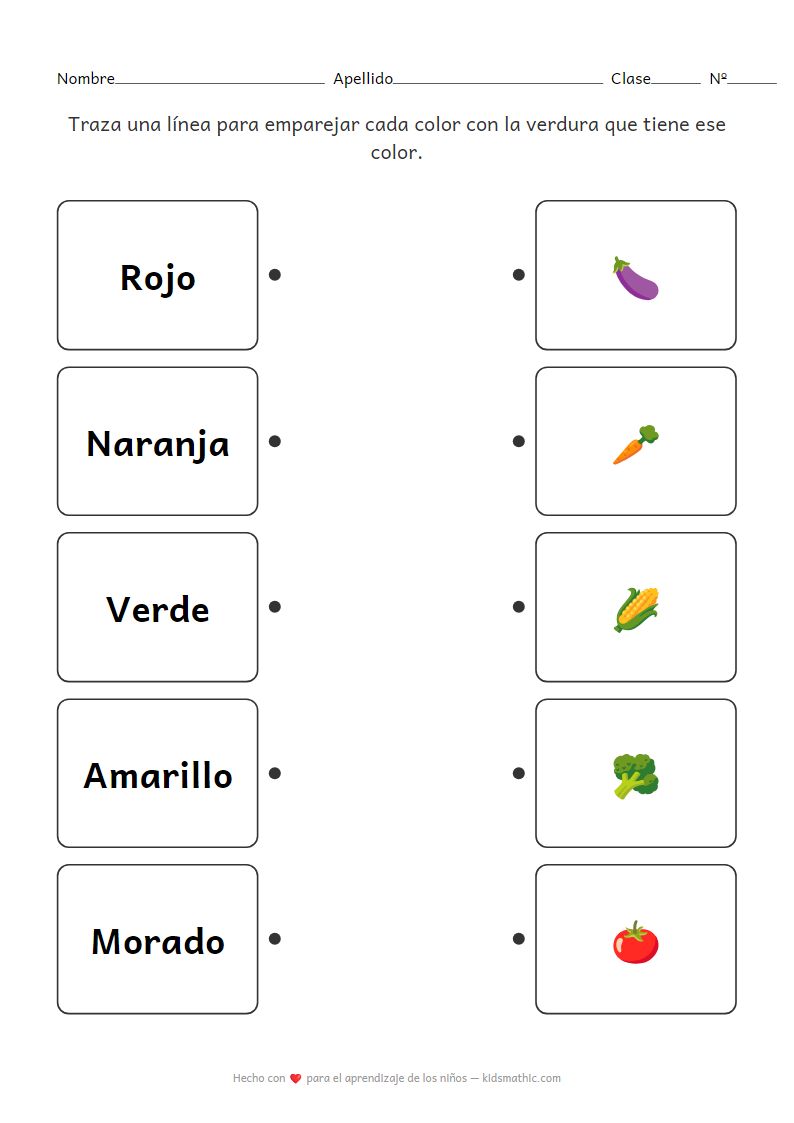 Hoja de trabajo de emparejamiento de colores y verduras para preescolar