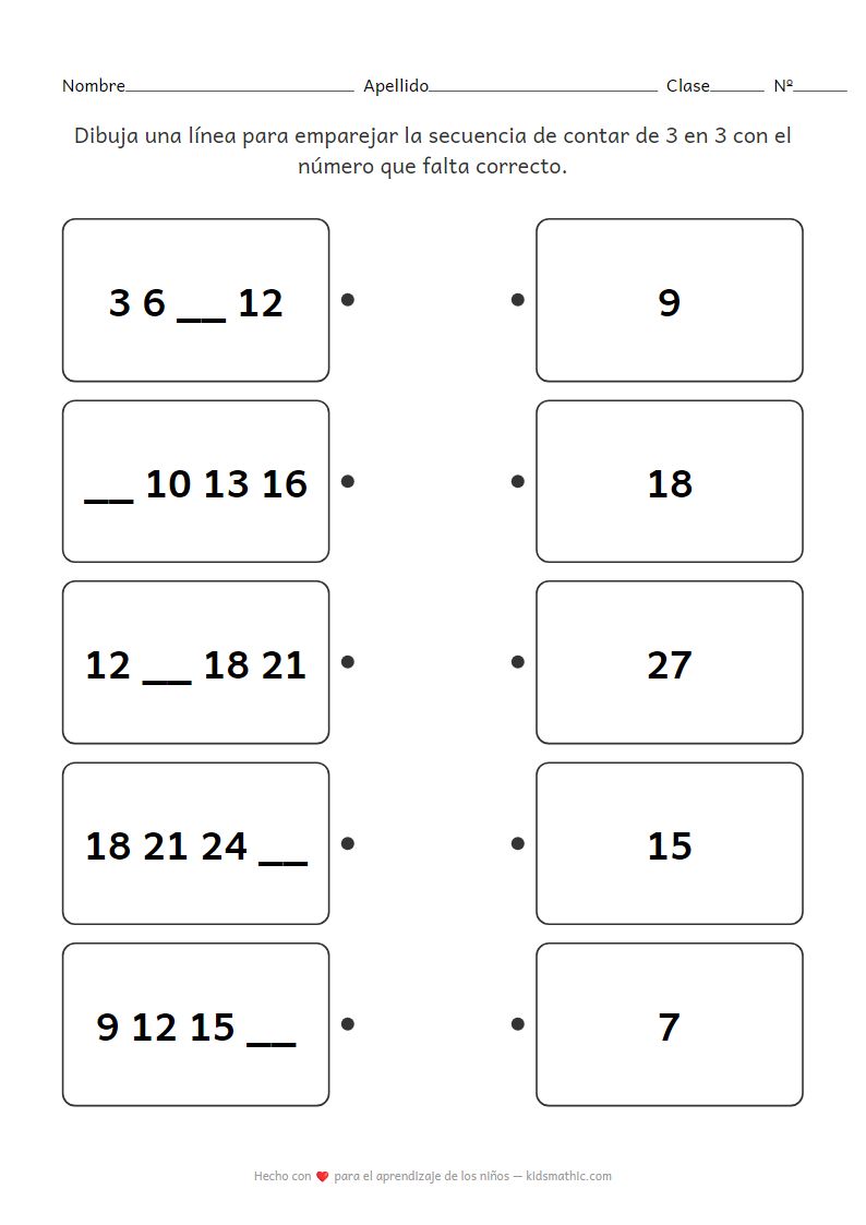 Hoja de trabajo de emparejamiento de patrones de números faltantes de contar de 3 en 3 para preescolar