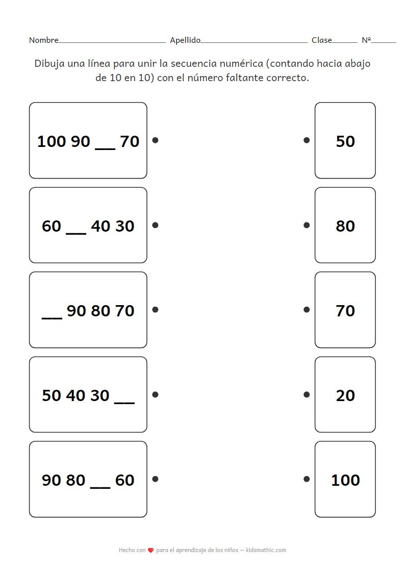 Hoja de trabajo de emparejamiento de contar de 10 en 10 para niños de 1er grado