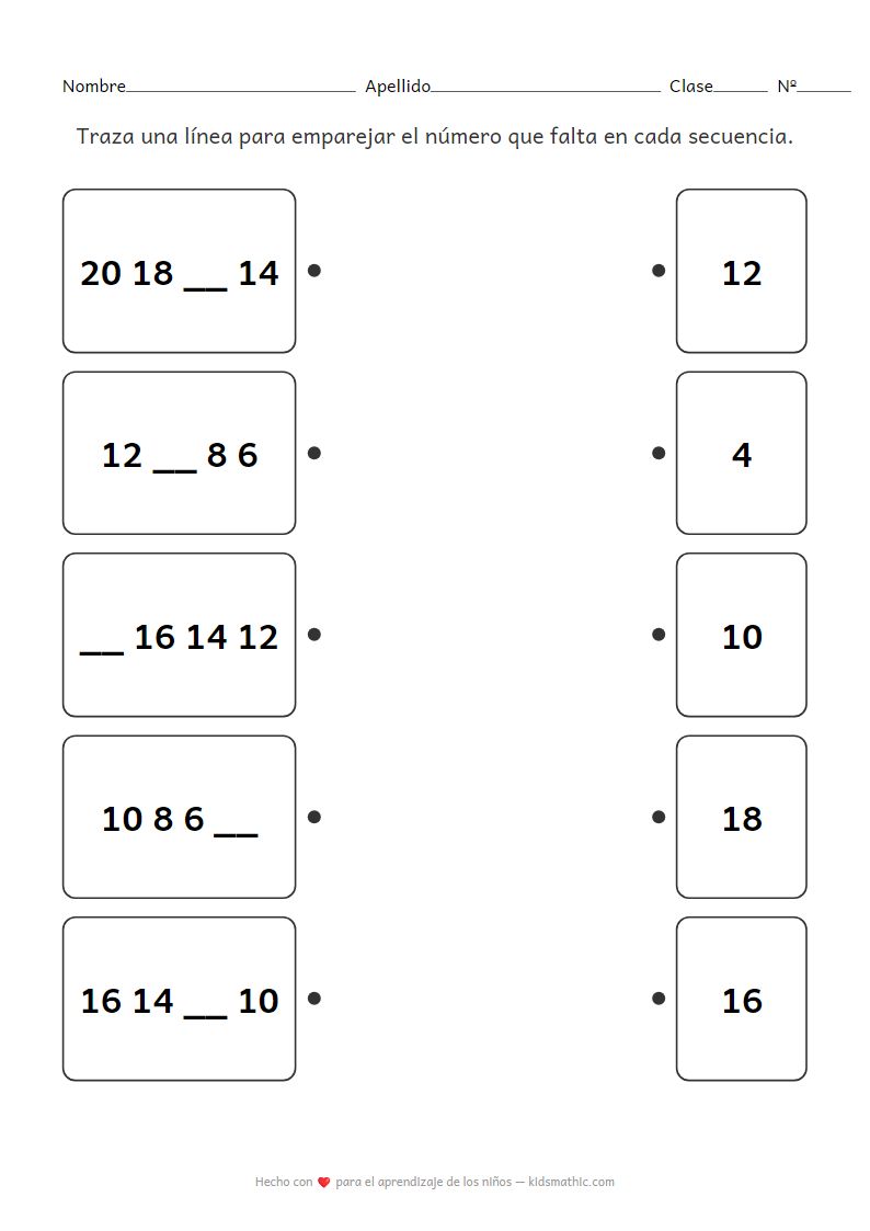 Hoja de Trabajo de Emparejamiento de Números Faltantes en Secuencias de Conteo Regresivo de 2 en 2 para Preescolar