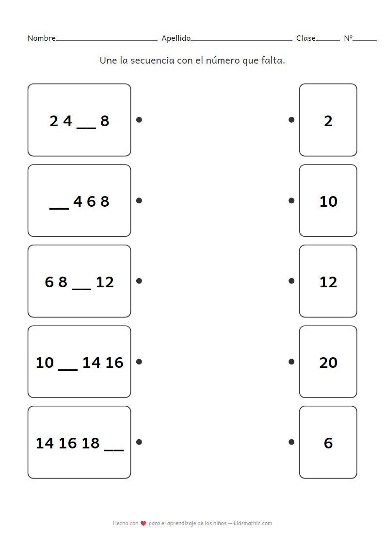 Hoja de trabajo de patrón de números que faltan de conteo de 2 en 2 para preescolar