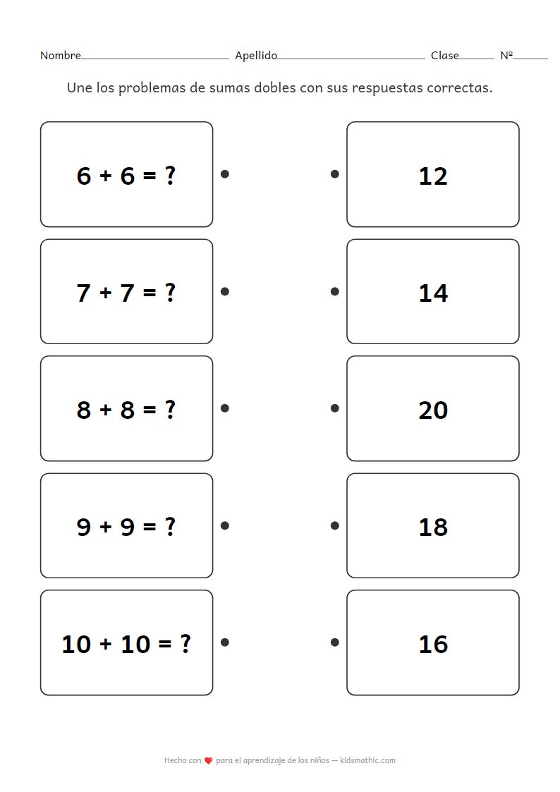 Ficha de emparejar sumas dobles para preescolar