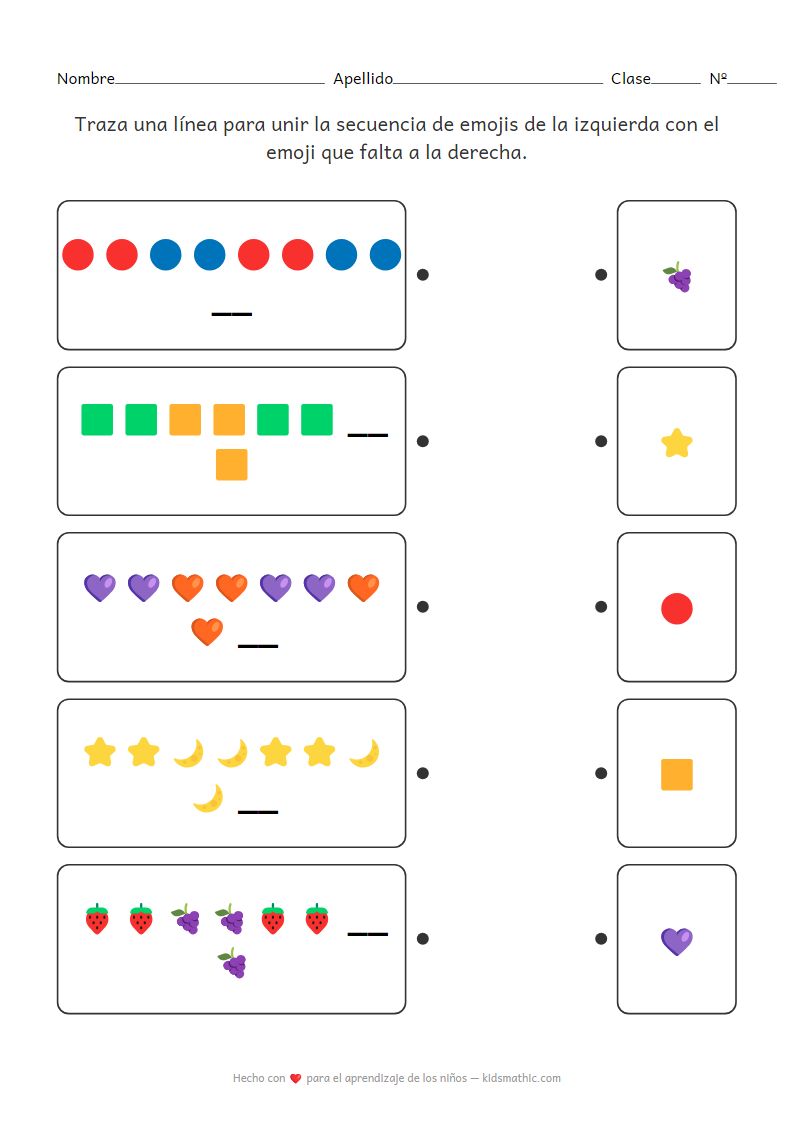 Hoja de trabajo de emparejamiento de patrones AABB de emojis para preescolar