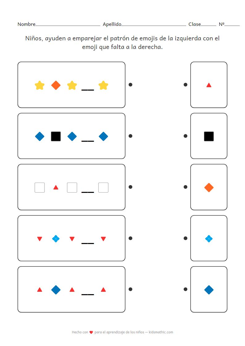 Hoja de trabajo de emparejamiento de patrones AB de emojis para preescolar