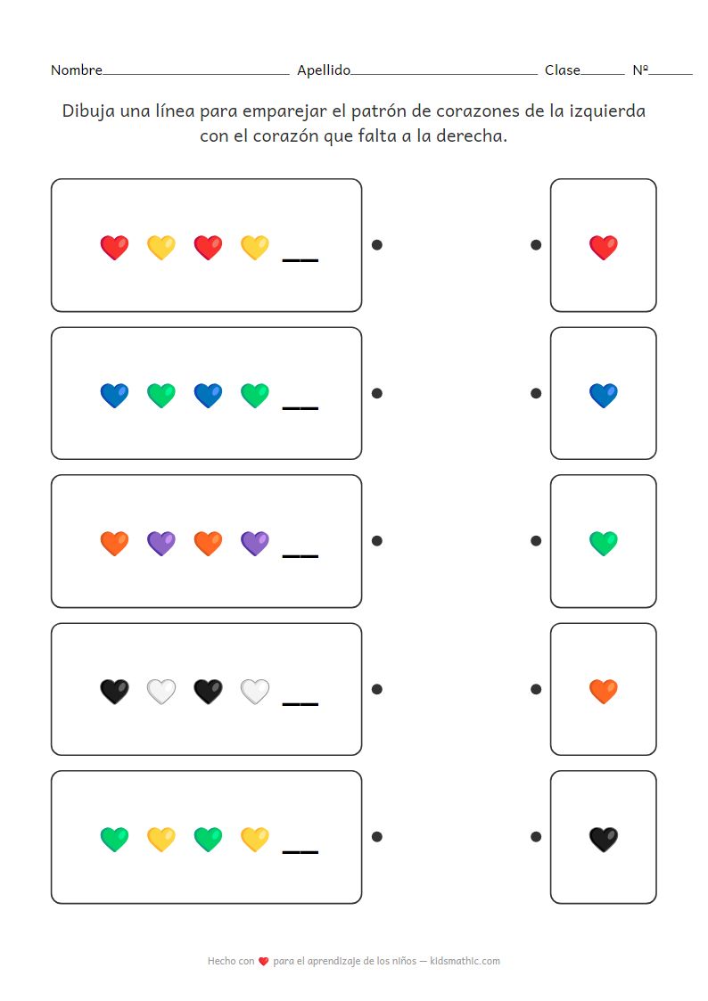 Hoja de Trabajo de Emparejamiento de Patrones de Corazones Emoji para Preescolares