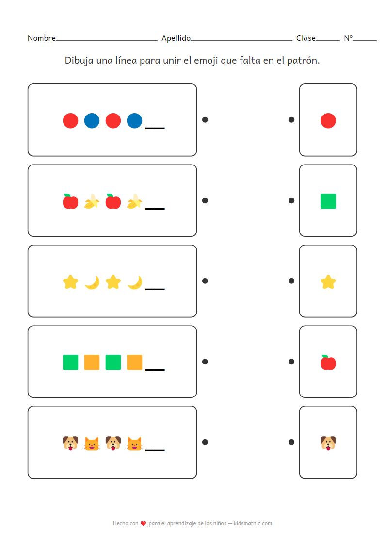 Hoja de trabajo de emparejamiento de patrones de emojis básicos para jardín de infancia