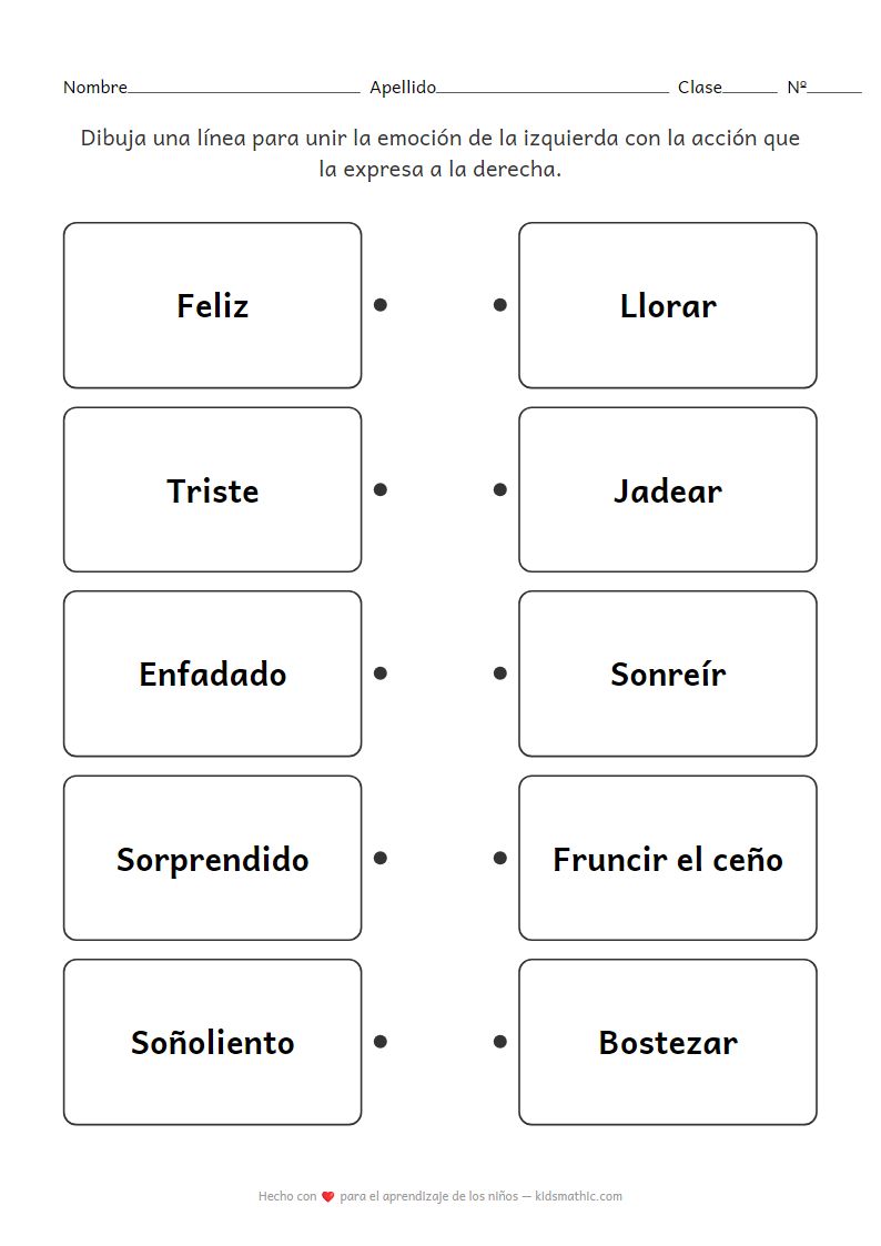 Hoja de Trabajo de Emparejamiento de Emociones y Acciones para Preescolares