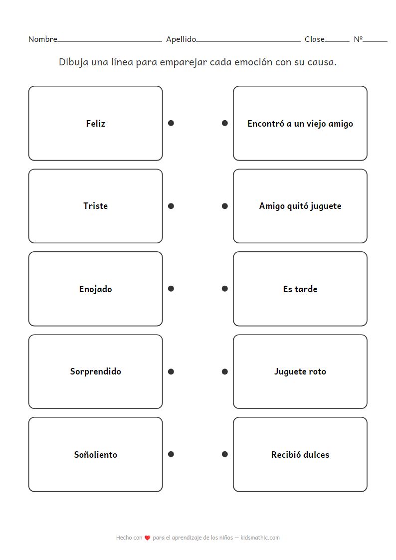 Hoja de Trabajo de Emparejar Emociones con Causas para Preescolares