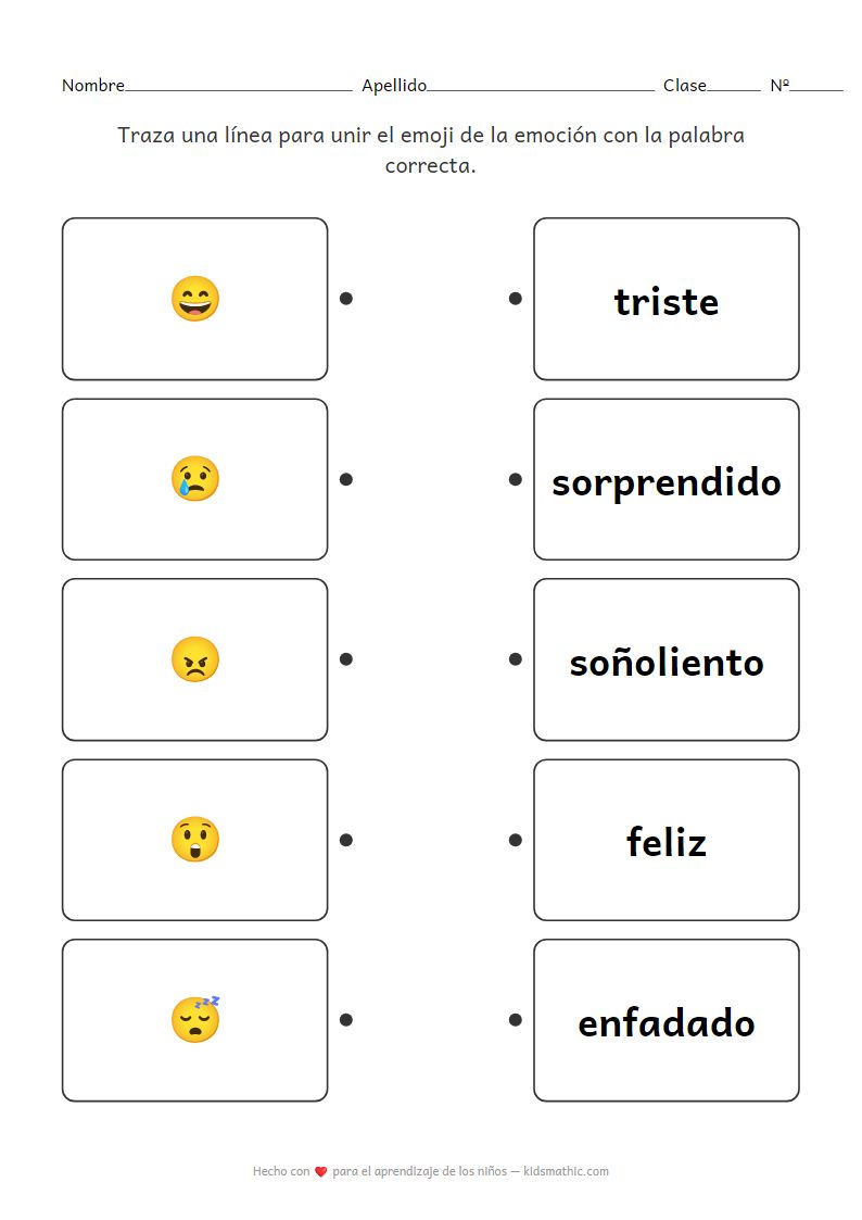 Hoja de trabajo de emparejamiento de emociones: Emoji a palabra para preescolares