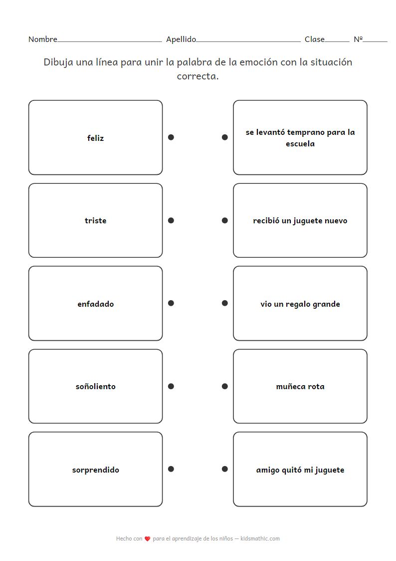 Hoja de trabajo: Une Emociones con Situaciones Cotidianas para Preescolares