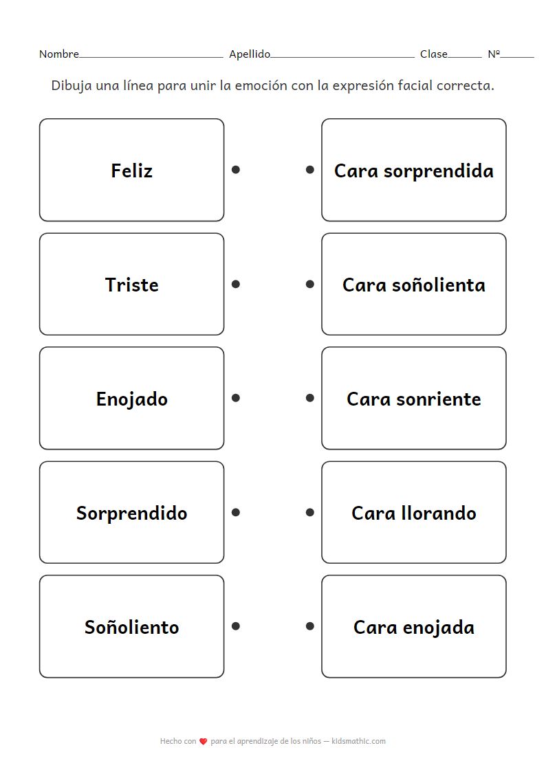Ficha de Emparejamiento de Emociones y Expresiones Faciales para Preescolares