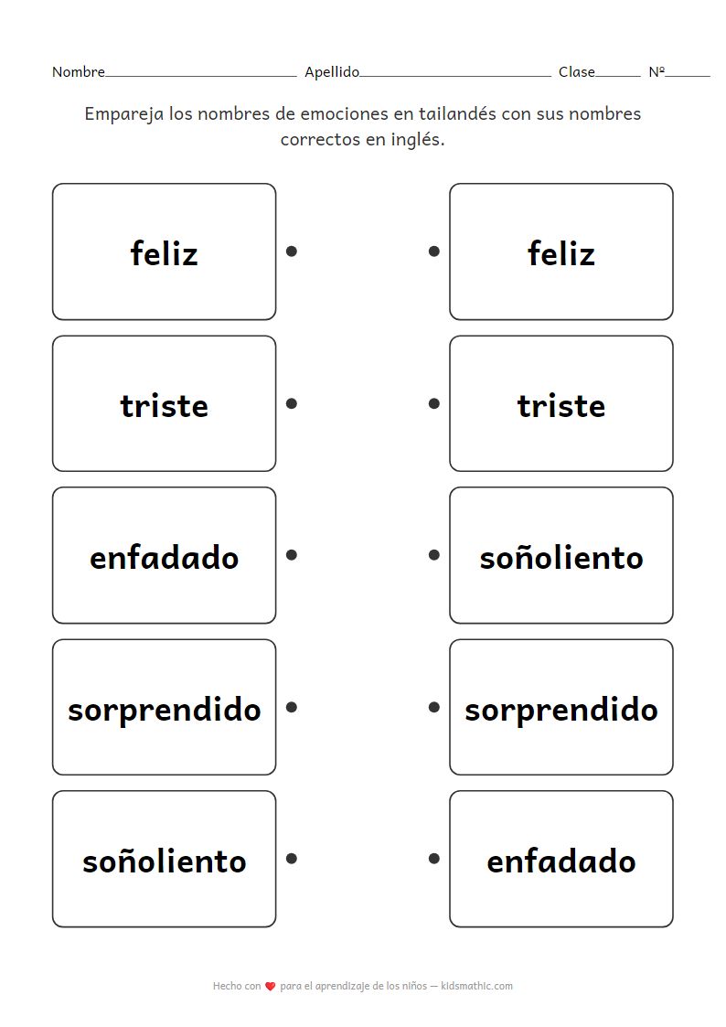 Hoja de trabajo de emparejamiento de emociones tailandés-inglés para preescolares