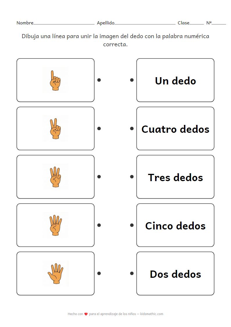 Hoja de trabajo de emparejamiento de conteo de dedos 1-5 para preescolares