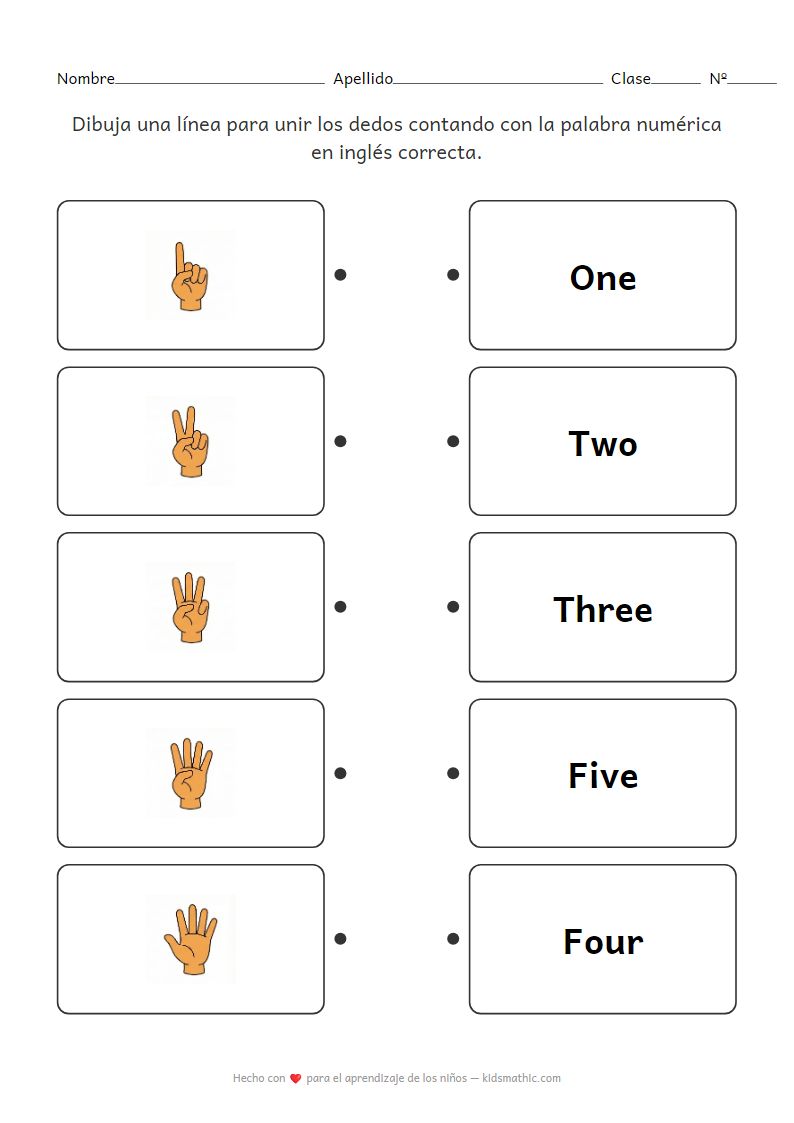 Hoja de trabajo para unir dedos y números en inglés del 1 al 5 para preescolares