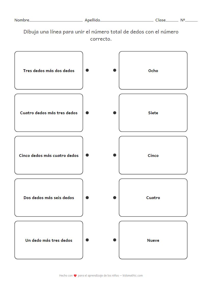 Hoja de trabajo de emparejamiento de suma de dedos para jardín de infancia