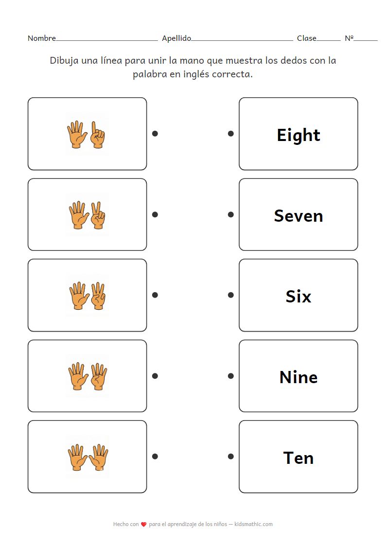 Hoja de trabajo para unir dedos del 6 al 10 con palabras en inglés para preescolares