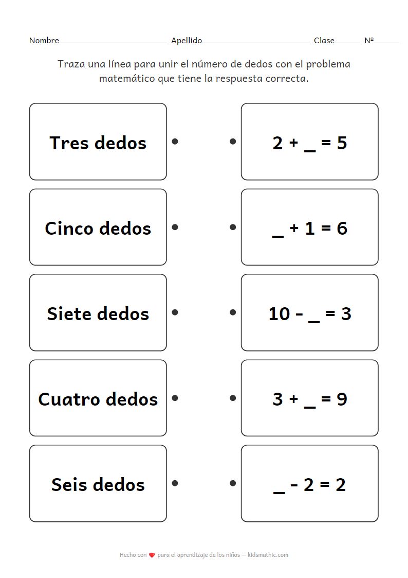 Hoja de trabajo de emparejar conteo de dedos y números faltantes para preescolar