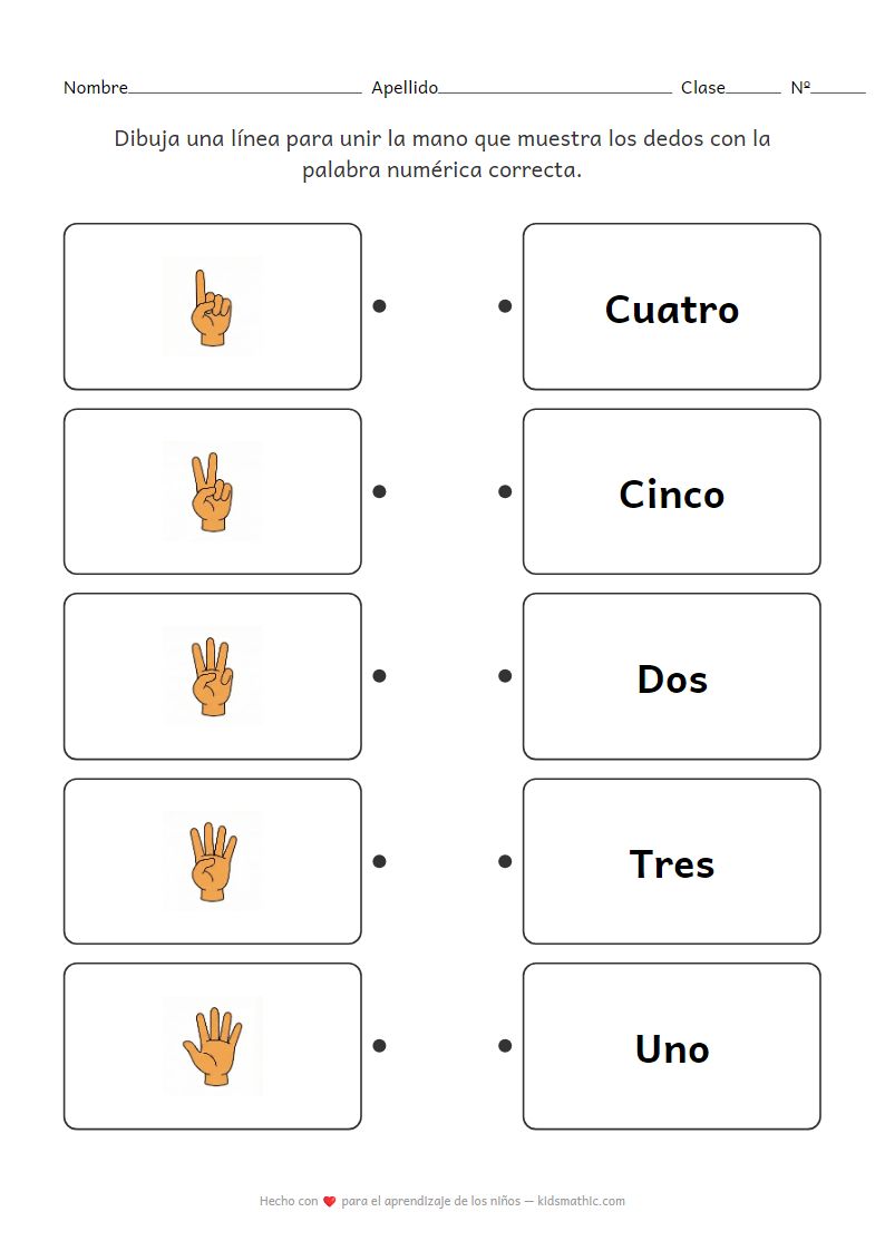 Hoja de trabajo de emparejamiento de contar dedos con números 1-5 para preescolares