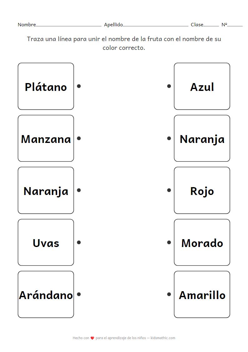 Ficha de trabajo para unir nombres de frutas con nombres de colores para preescolares
