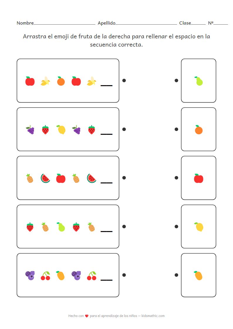 Hoja de Trabajo de Emparejamiento de Patrones de Emojis de Frutas para Preescolares
