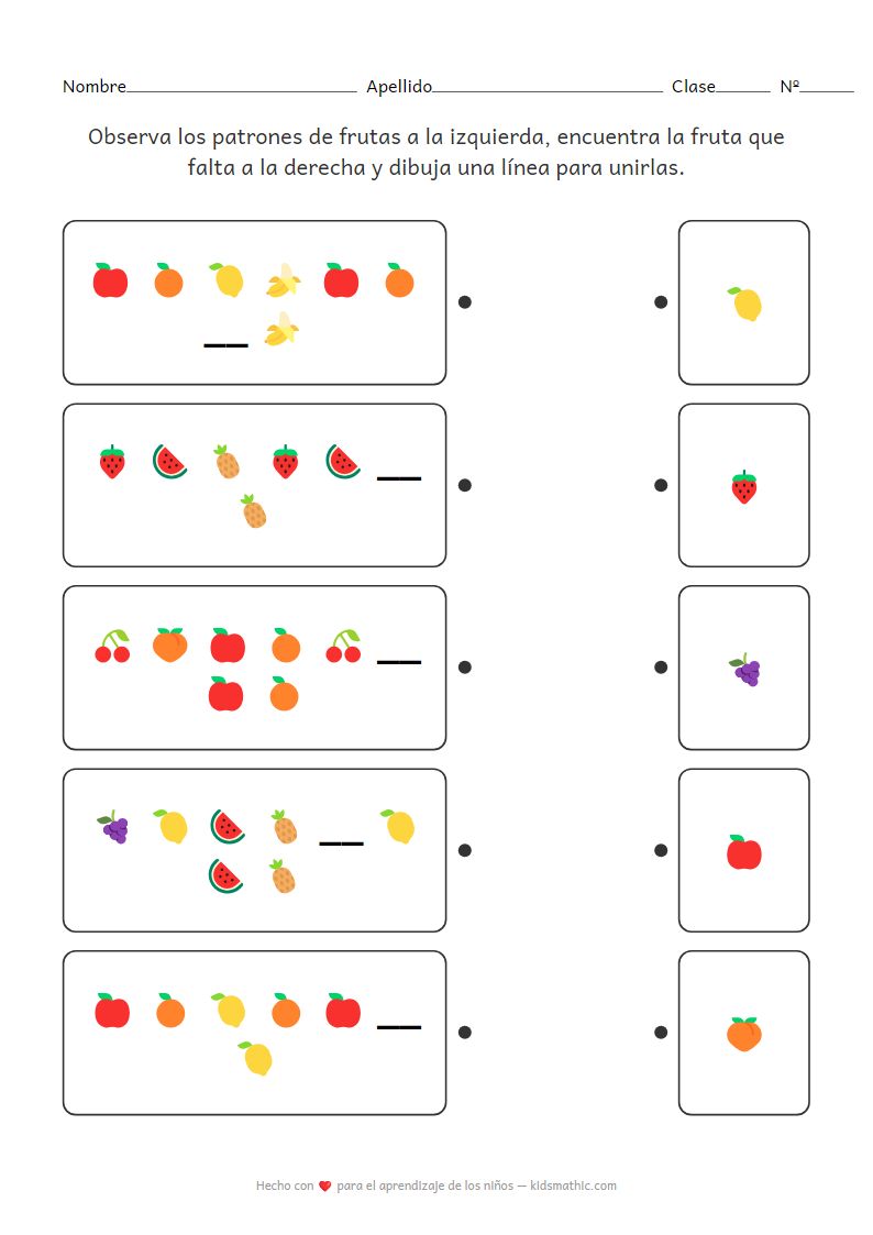 Hoja de trabajo de patrones de frutas faltantes para preescolares