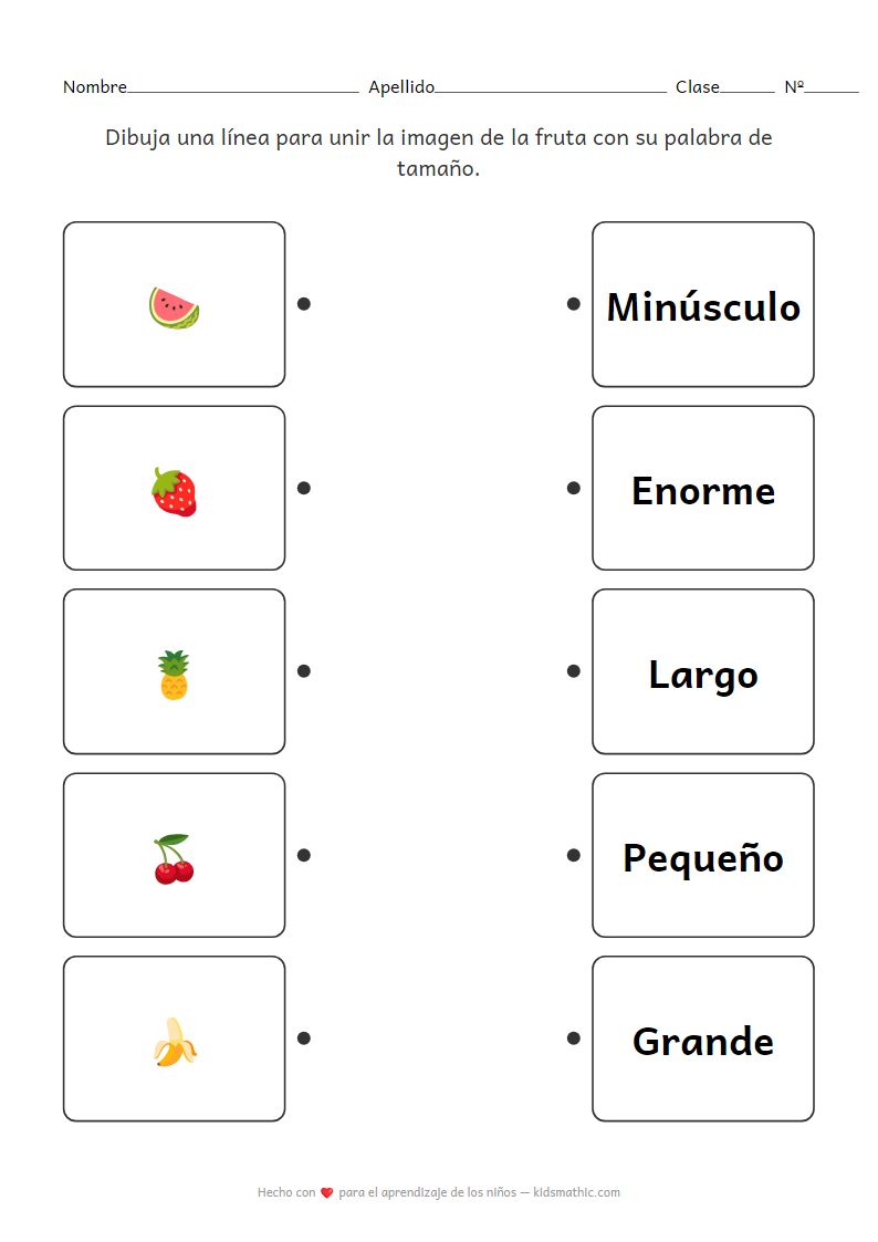 Hoja de trabajo de emparejamiento de frutas y tamaños para preescolares