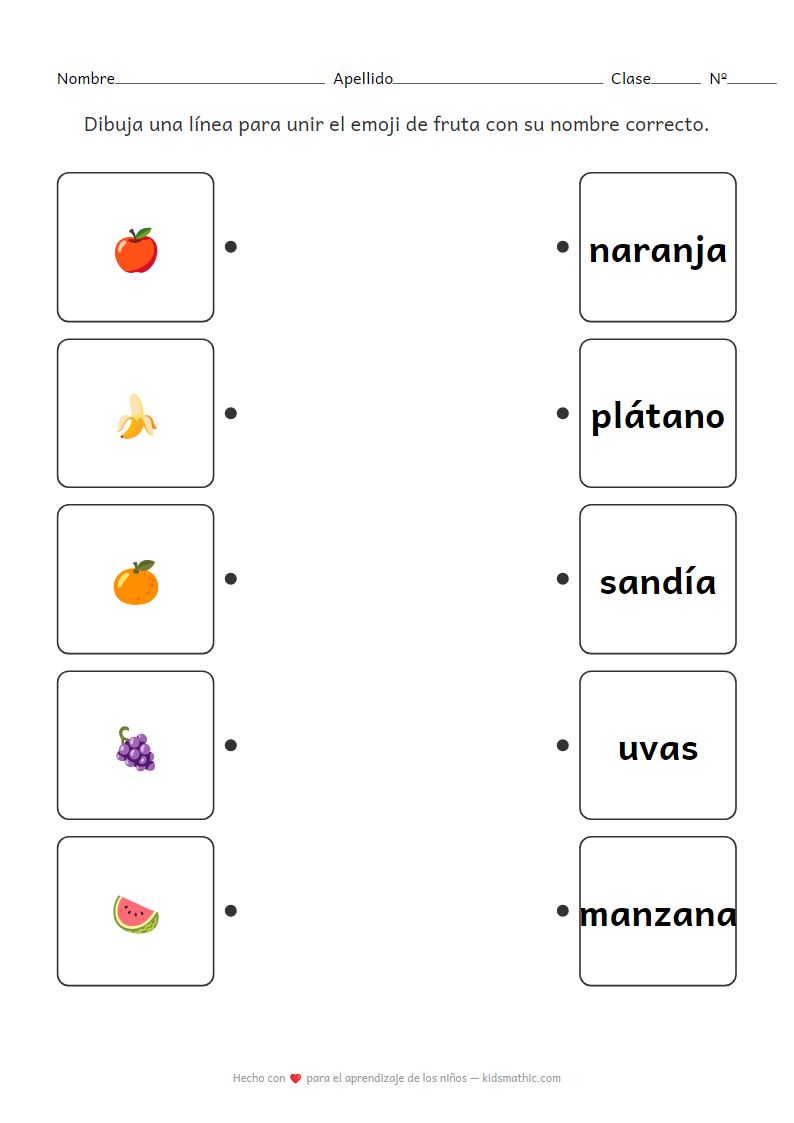 Hoja de Trabajo de Emparejamiento de Emojis de Frutas con Nombres para Preescolares