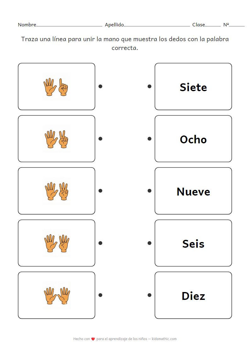 Ficha de Juego de Unir: Contar con los Dedos 6-10 para Preescolares