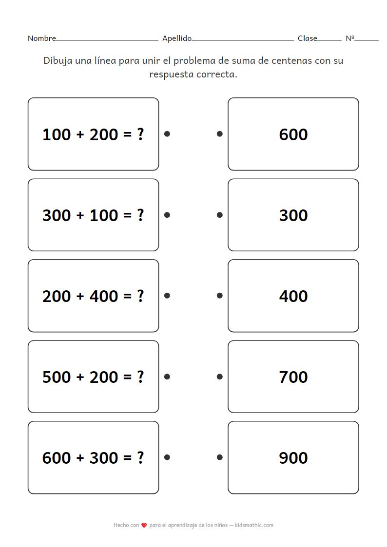 Ficha de Unir Sumas de Centenas con Respuestas para 2º Grado