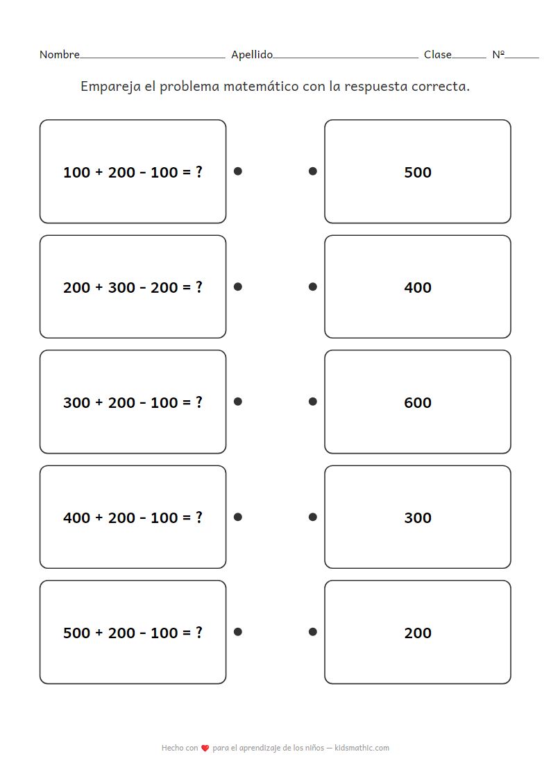 Hoja de trabajo de emparejamiento de sumas y restas de centenas para 2º grado
