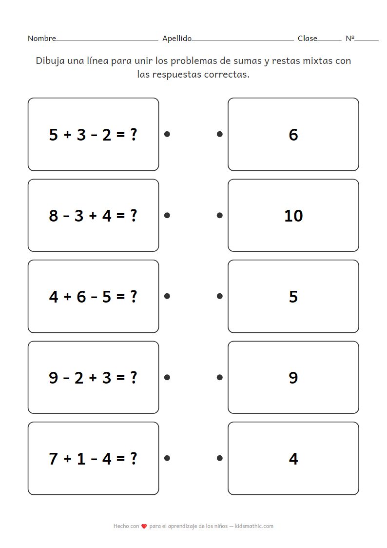 Ficha de emparejamiento de problemas matemáticos mixtos para preescolar 3