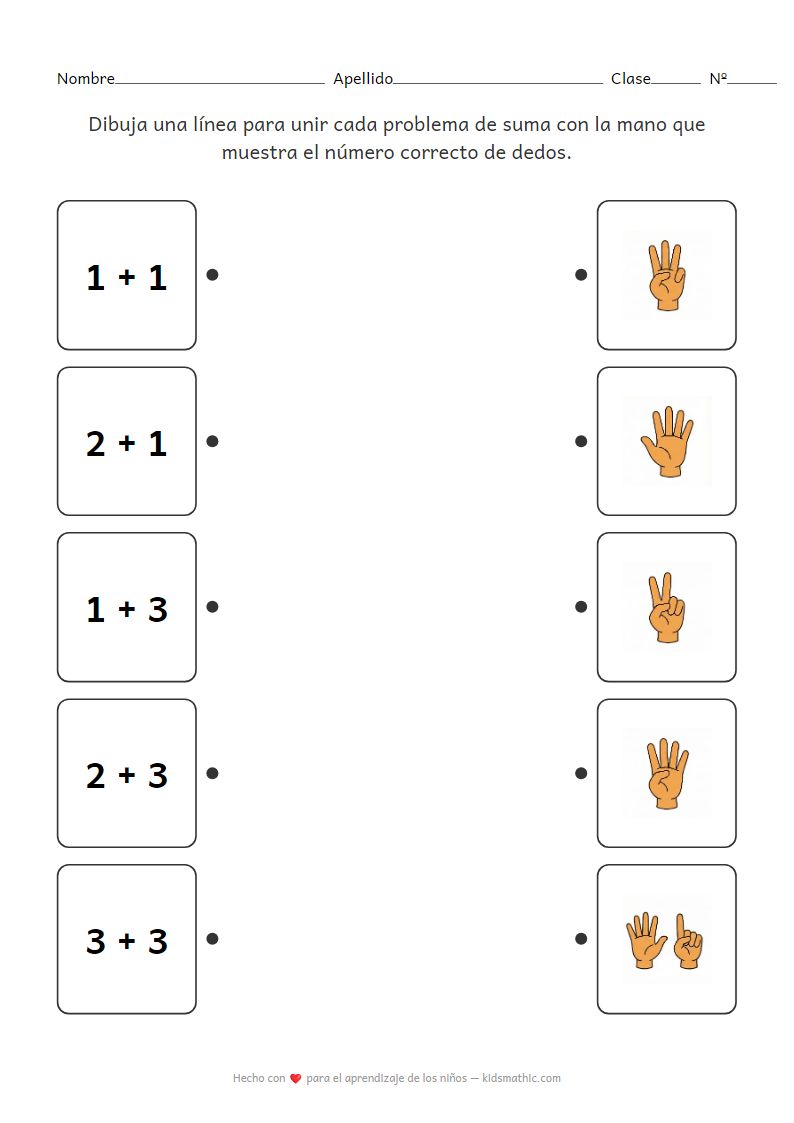 Hoja de Trabajo de Sumas y Conteo con Dedos para Niños de Preescolar