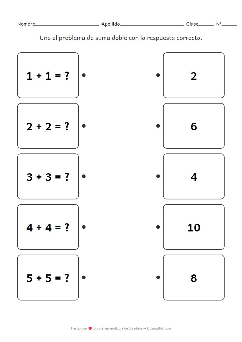 Hoja de trabajo de emparejamiento de sumas dobles para jardín de infantes