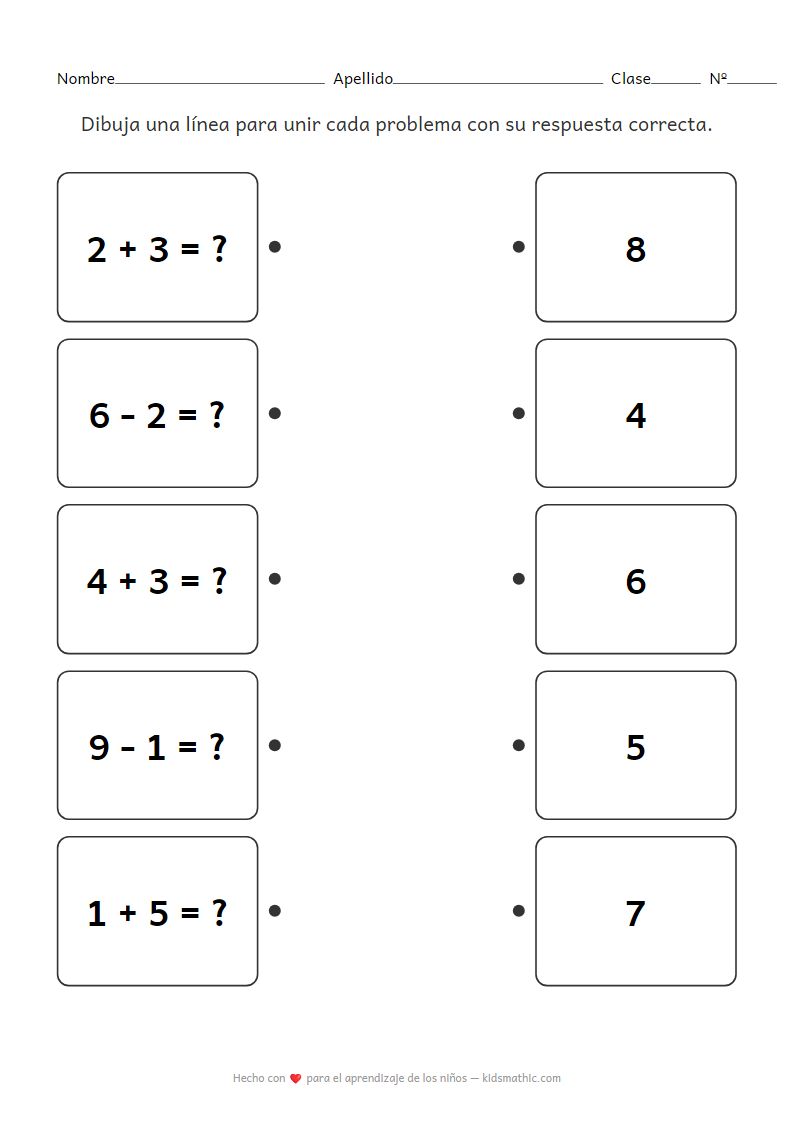 Ficha de Actividades de Matemáticas: Suma y Resta Sencillas para Preescolar