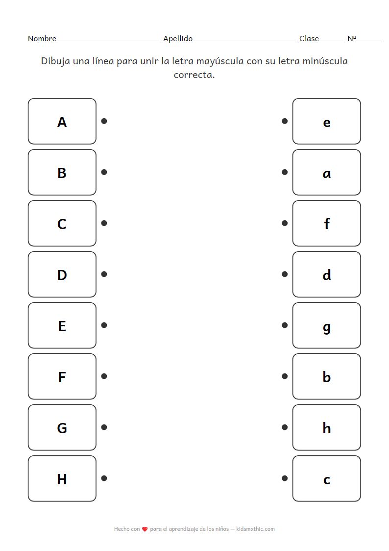 Hoja de trabajo para unir letras mayúsculas y minúsculas para preescolares