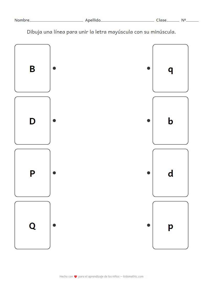 Hoja de trabajo de emparejamiento de letras mayúsculas y minúsculas B D P Q para preescolares