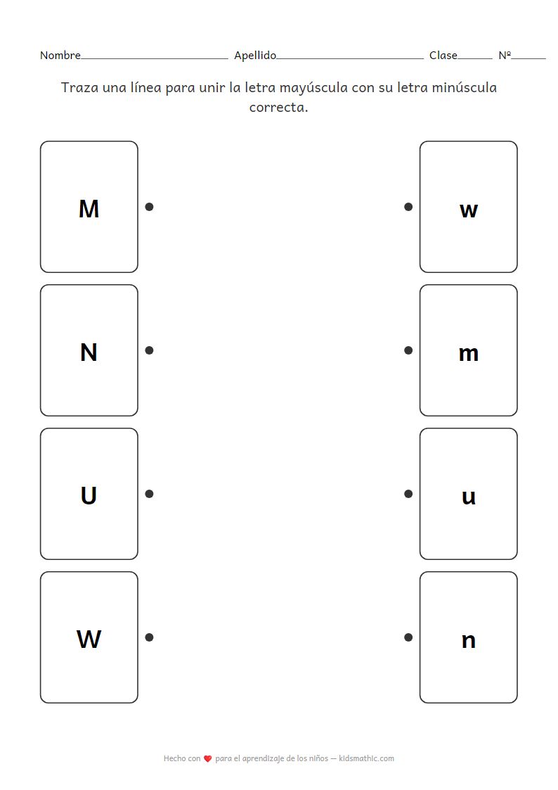 Hoja de Trabajo de Emparejamiento de Letras Mayúsculas y Minúsculas (M, N, U, W) para Preescolar