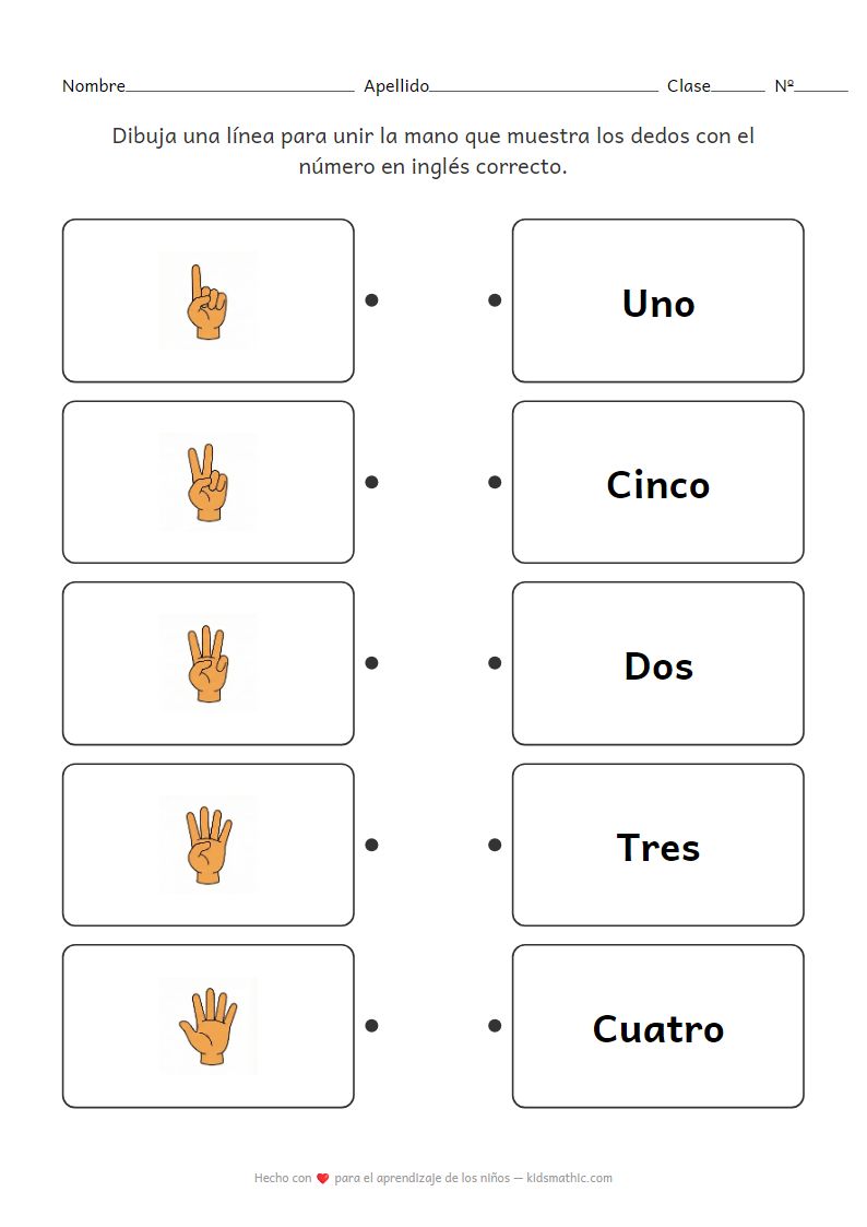 Hoja de Trabajo para Preescolar: Emparejar Dedos con Números en Inglés 1-5