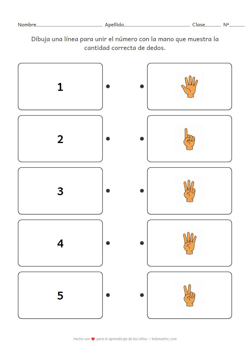 Hoja de Trabajo de Matemáticas: Unir Números 1-5 con el Conteo de Dedos para Preescolar