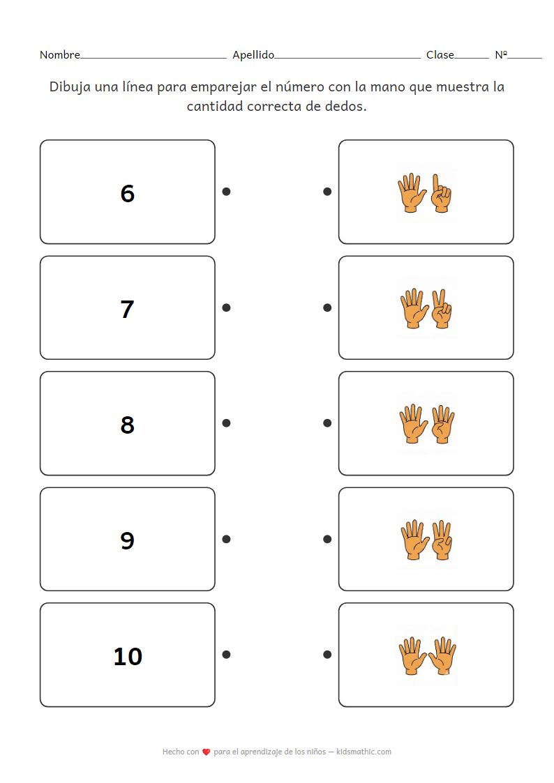 Hoja de trabajo de emparejamiento de números a dedos para preescolares (6-10)