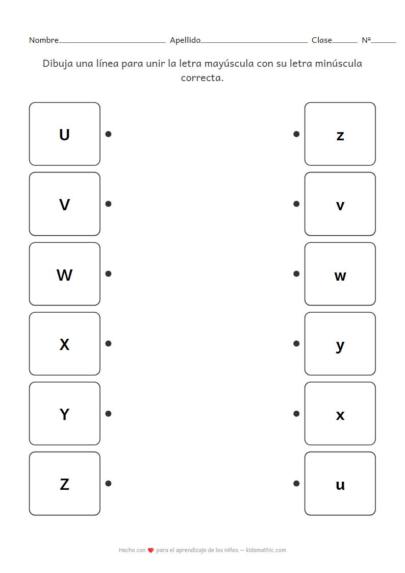 Hoja de Trabajo de Emparejamiento de Letras Mayúsculas y Minúsculas U-Z para Preescolares