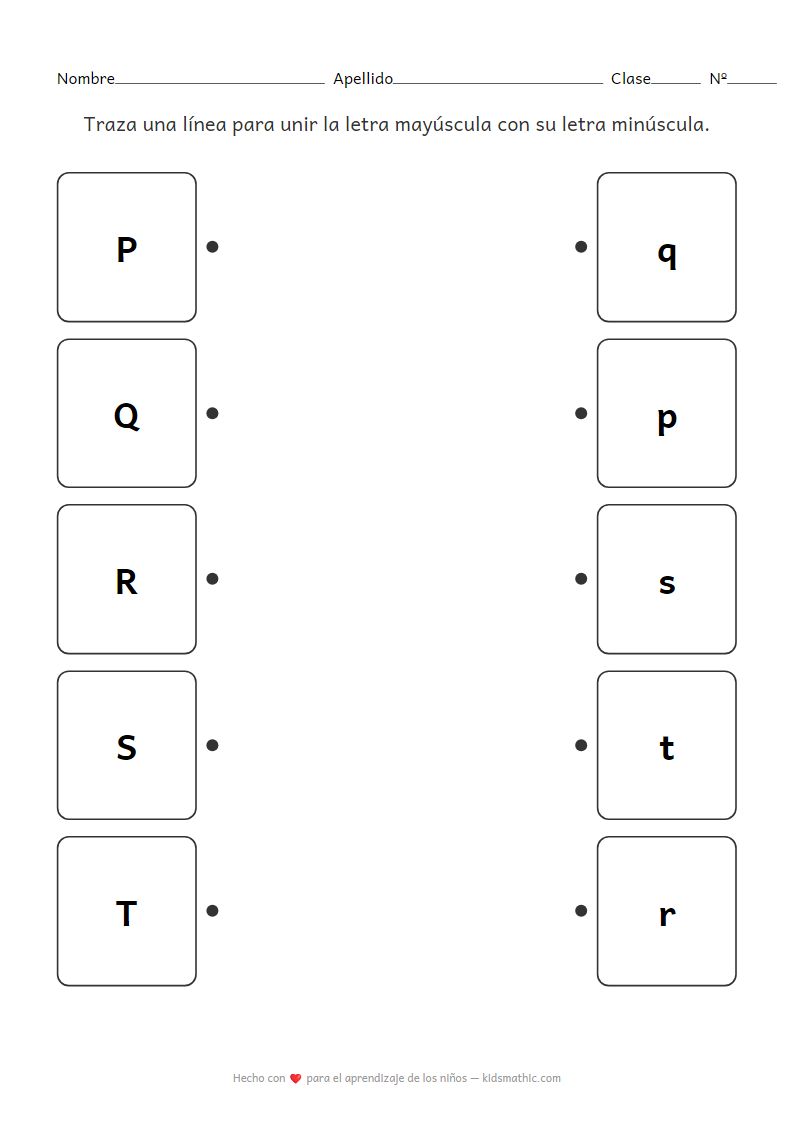 Ficha de trabajo para unir mayúsculas y minúsculas P-T para preescolares