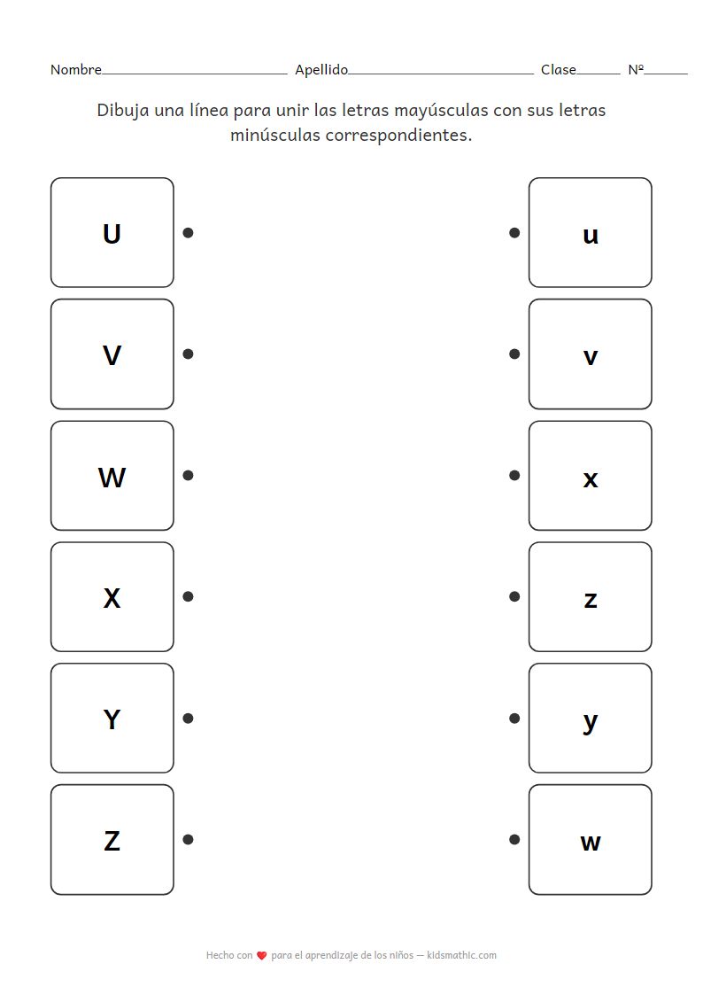 Hoja de Trabajo de Emparejar Letras Mayúsculas y Minúsculas U-Z para Preescolares