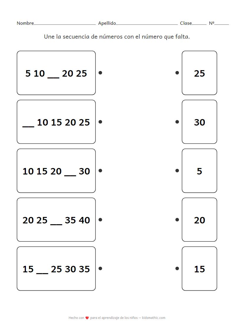 Hoja de trabajo de emparejamiento de contar de 5 en 5 para preescolares